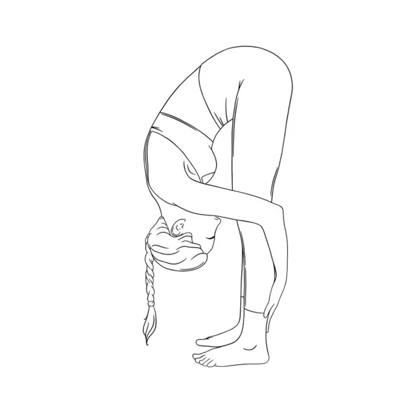 Donna yogi flessibile. Hatha yoga piega in avanti posa. Illustrazione vettoriale su sfondo bianco — Vettoriale Stock