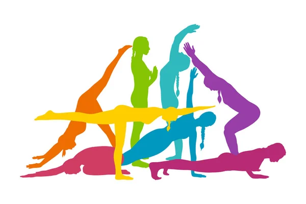 Siluetas de mujer arco iris practicando yoga asanas. Mujer deportiva en movimientos de yoga. Ilustración vectorial — Archivo Imágenes Vectoriales