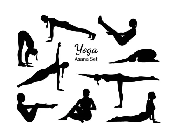 Set de yoga asana con siluetas de mujer negra. Niña yogui entrenamiento de cuerpo completo incluyendo los músculos del núcleo, piernas y brazos. Dibujo vector ilustración — Vector de stock