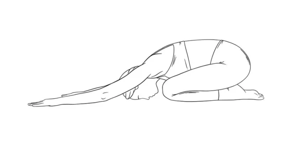 Postura relajante del yoga. Mujer en balasana o posan hijos extendidos. Ilustración vectorial — Vector de stock
