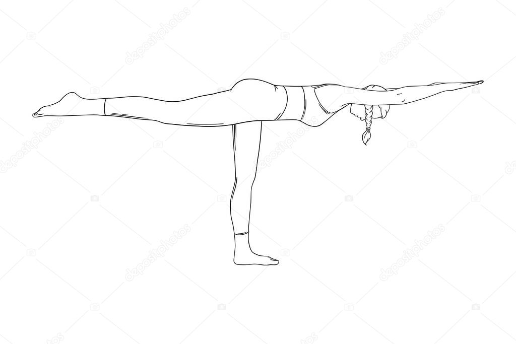 Woman practicing warrior III pose. Strengthing yoga asana. Vector illustration