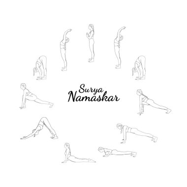 Yoga surya namaskar sahnesi. Güneşi selamlayan kadın, tüm adımlarla sabah yogası. Vektör illüstrasyonu