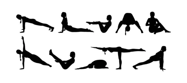 Yoga Asana Set mit schwarzen Frauensilhouetten. Yogi Girl Ganzkörpertraining mit Core Muskeln, Beinen und Armen. Skizzenvektorillustration — Stockvektor