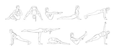 Yoga asanası, farklı pozlarda bir kadınla ayarlanmış. Yogi kız vücut egzersizi, vücut kasları, bacaklar ve kollar dahil. Çizim vektör illüstrasyonu