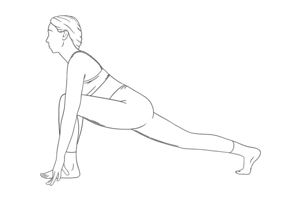 Mujer yogui fitness. Hatha yoga pose fequestrian. Ilustración vectorial en fondo blanco — Archivo Imágenes Vectoriales