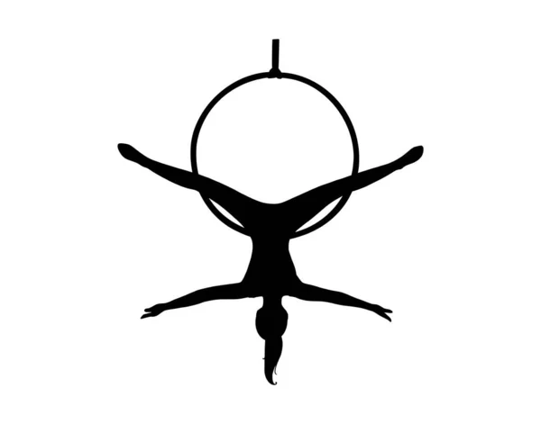 Treinamento de silhueta atleta feminina no aro aéreo. Mulher acrobata no circo. Ilustração vetorial — Vetor de Stock