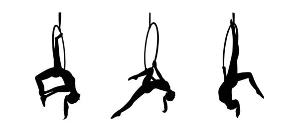 Силуэты лир-акробатов. Воздушный спорт в исполнении женщины. Векторная иллюстрация на белом фоне — стоковый вектор