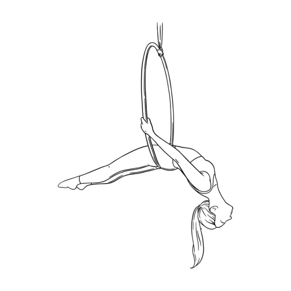 Circo acrobat balanceándose en el anillo aéreo. Gimnasta en el aro aislado en fondo blanco. Ilustración vectorial — Archivo Imágenes Vectoriales