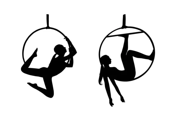 Siluety žen z cirkusu na loga. Žena akrobat v anténě obruče. Vektorová ilustrace — Stockový vektor