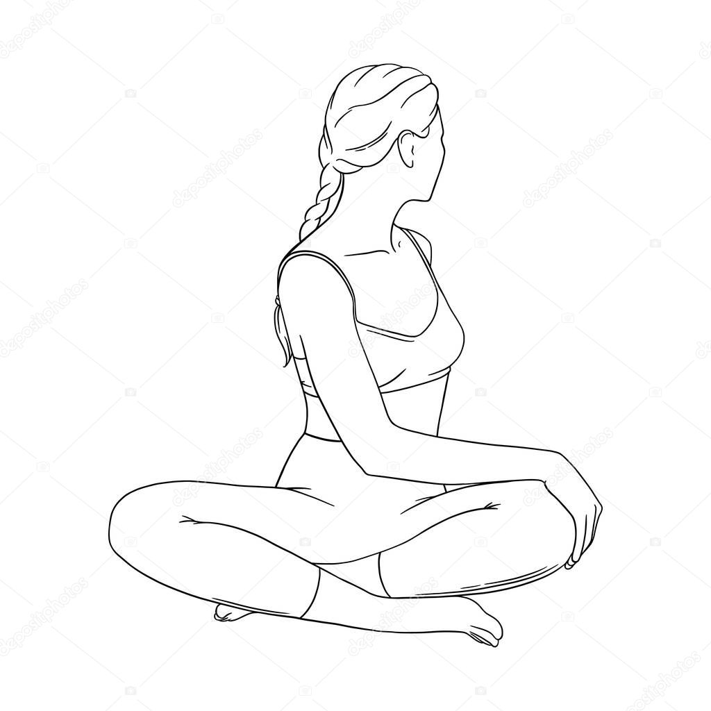Yoga Easy Seated Twist performed by woman. Spine twisted asana. Engraved vector illustartion