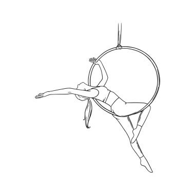 Sirkteki kadın akrobat çemberde. Beyaz arka planda izole edilmiş bir hava dansçısı. Vektör illüstrasyonu