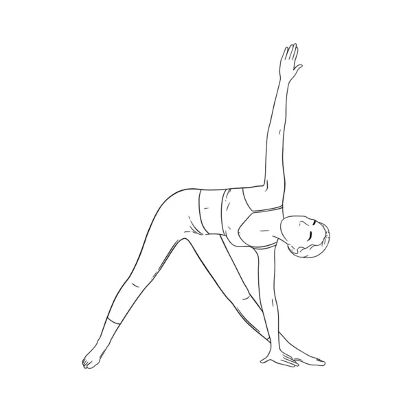 Kobieta w trójkątnej pozycji do jogi. Trikonasana pozuje w hatha jodze. Ilustracja wektora szkicu — Wektor stockowy