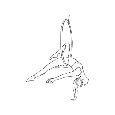 Çemberde havadan dans eden sportif bir kadın. Ringdeki kadın akrobat. Vektör illüstrasyonu