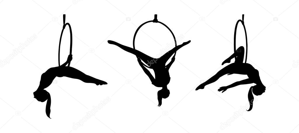 Strong acrobat in the hoop. Set of woman silhouettes in the aerial ring. Vector illustration isolated in white background