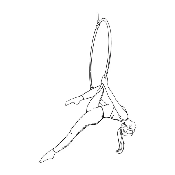 Ballerina aerea appesa al cerchio. Acrobata aerea isolata su sfondo bianco. Illustrazione vettoriale — Vettoriale Stock