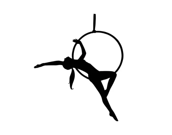 Ženský atletický silueta trénink ve vzdušné lyře. Akrobatka z cirkusu. Vektorová ilustrace — Stockový vektor