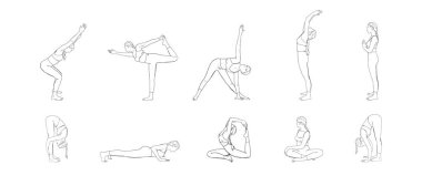 Hatha yoga pozları. Yogi kadın farklı asanlarda. Vektör illüstrasyonu