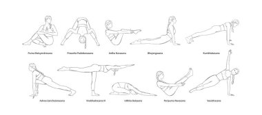 Sanscrit asana isimleriyle yoga seti. Yogi kadın vücut egzersizi, vücut kasları, bacaklar ve kollar dahil. Çizim vektör illüstrasyonu