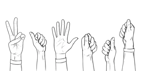 Levé les mains votant et prêt à aider et à se battre. Armes concept up. Illustration vectorielle — Image vectorielle