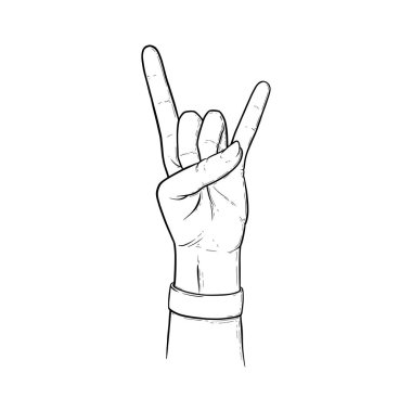 Rock sign with two fingers up. Heavy metal or rock hand gesture isolated in white background. Vector illustration clipart