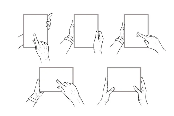 Händerna håller i tabletten med pekfingret i pekskärmen. Uppsättning tabletter i händerna på en människa. Vektor illustration isolerad i vit bakgrund — Stock vektor