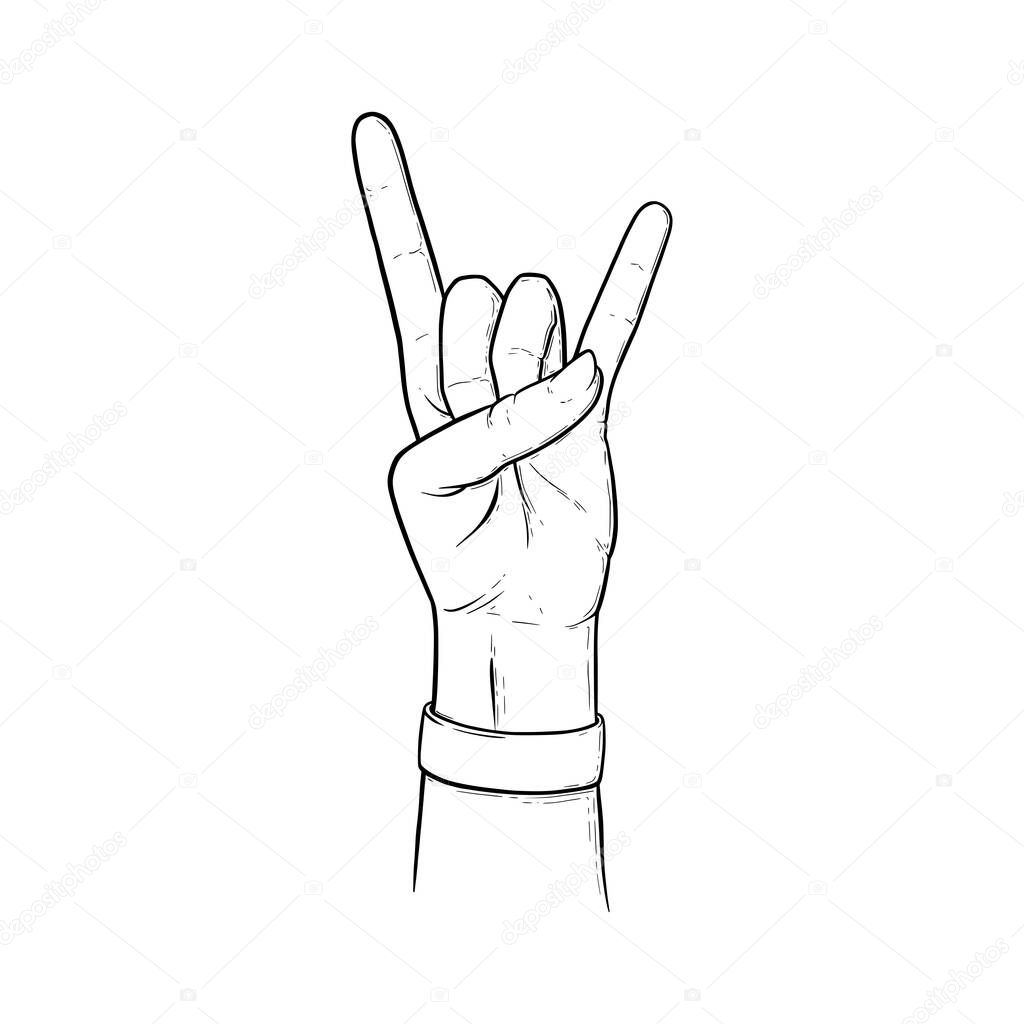 Rock sign with two fingers up. Heavy metal or rock hand gesture isolated in white background. Vector illustration