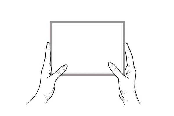 Mains tenant la tablette avec écran tactile. Comprimé horizontal entre les mains d'un humain. Illustration vectorielle isolée en fond blanc — Image vectorielle