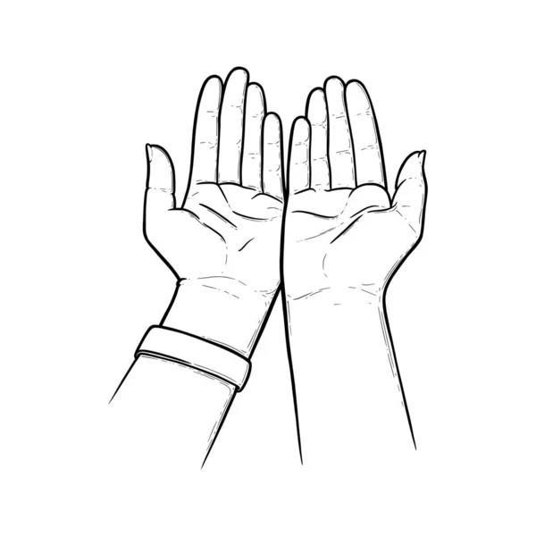 Des mains tendues priant pour de l'aide et des soins. Ouvrez les mains vides pour demander une protection. Illustration vectorielle isolée en fond blanc — Image vectorielle