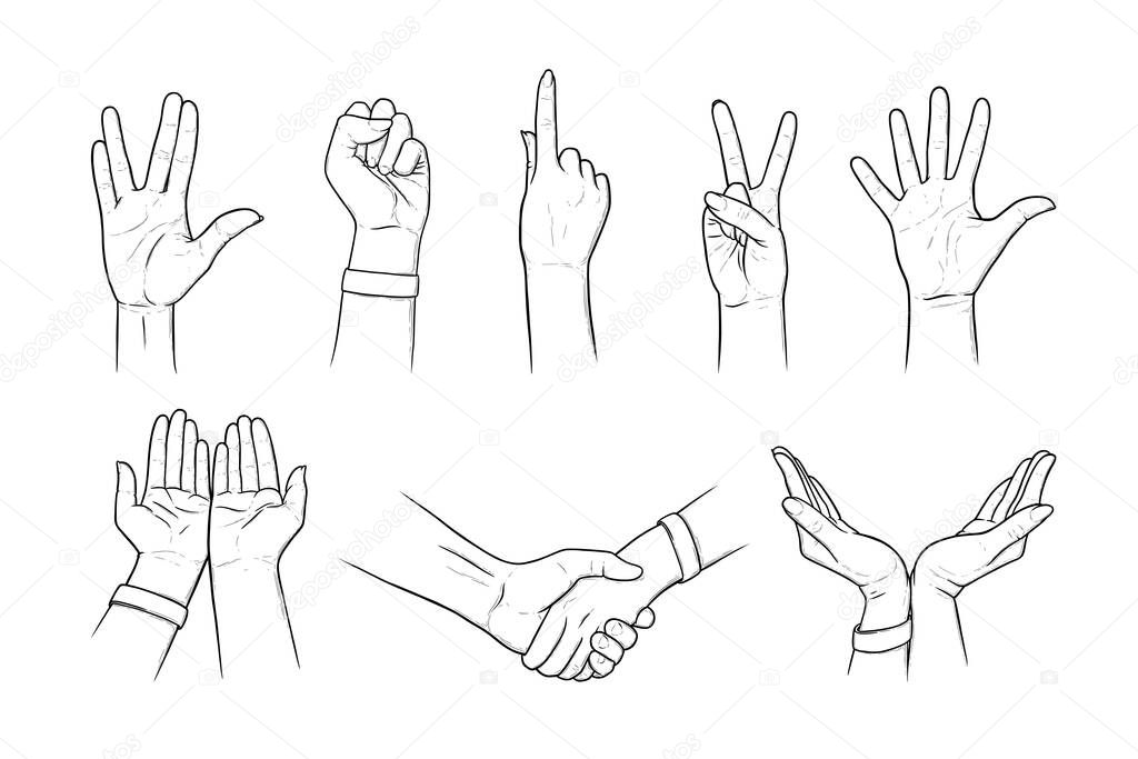 Hand gestures of peace, Vulcan greeting and salute. Handshakes, fist, gestures asking for help and care in sketch style. Vector illustration isolated in white background