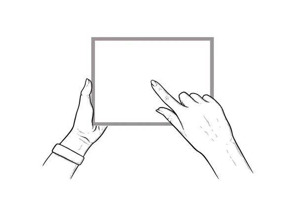 Tangan memegang tablet dengan jari telunjuk geser di layar sentuh. Tablet horisontal di tangan manusia. Ilustrasi vektor diisolasi dalam latar belakang putih - Stok Vektor
