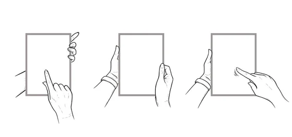 Mains tenant la tablette avec des gestes d'écran tactile. Jeu de comprimés verticaux entre les mains d'un humain. Illustration vectorielle isolée en fond blanc — Image vectorielle