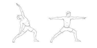 Yoga warrior poses or virabhadrasana I and peaceful variation. Men practicing yoga for balance improvement. Hand drawn sketch vector illustration
