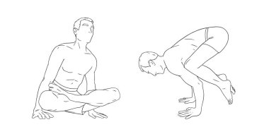 Yogi men in handstand rooster and craw or crane poses. Yoga hand stand for strength improvement. Sketch vector illustration