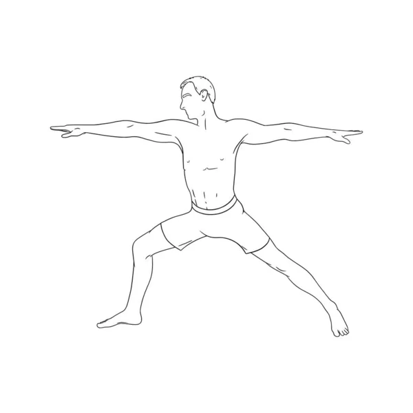 Воин йоги Асана или Вирабхадрасана I. Мужчина практикует йогу асану. Гравированная векторная иллюстрация — стоковый вектор