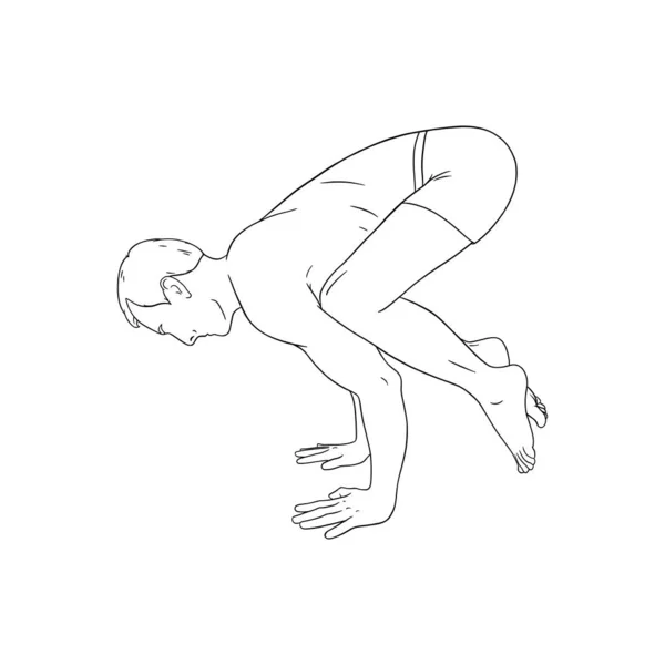 Yogi man in crow pose or Bakasana. Yoga hand stand for strength improvement. Sketch vector illustration — Stock Vector