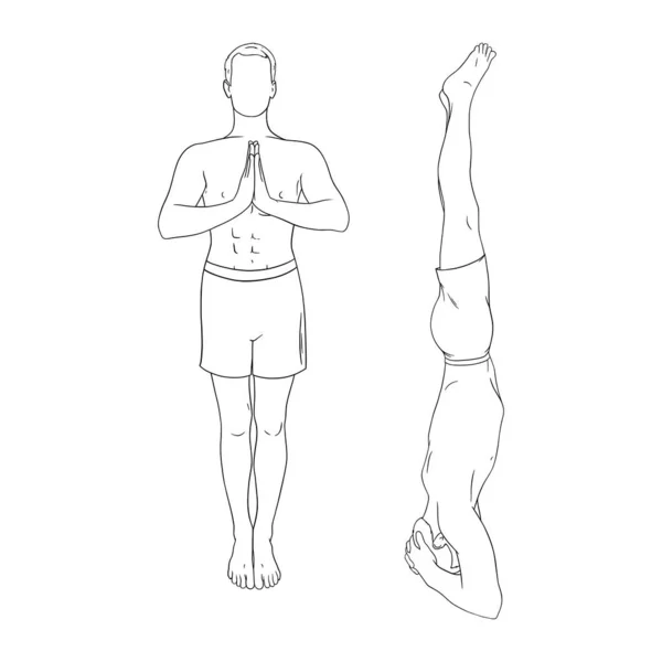 Yogi uomo in headstand e posa di preghiera. Uomo che pratica asana yoga. Illustrazione vettoriale schizzo isolato in sfondo bianco — Vettoriale Stock