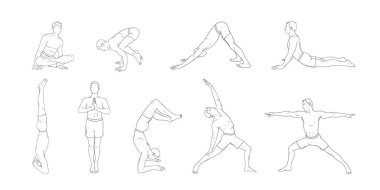Yoga asana seti. Yoga çizimleri yapan bir grup adam. El çizimi çizimi vektör illüstrasyonu