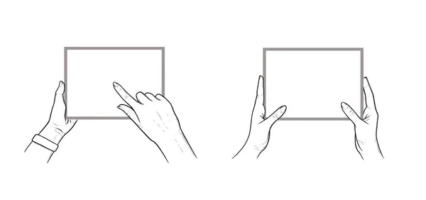 앱을 선택하는 손가락으로 태블릿을 들고 손을 잡고 있습니다. 한 사람의 손에 수 평판 세트. 흰색 배경으로 분리 된 벡터 그림 — 스톡 벡터