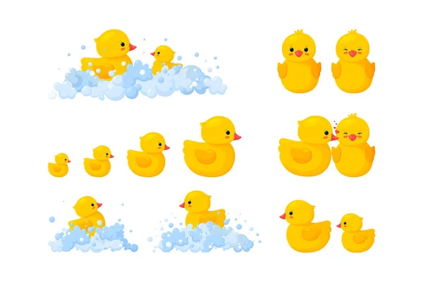 Rubber duck family in soap foam isolated in white background. Big set of yellow plastic duck toys in suds, parent and baby. Vector illustration