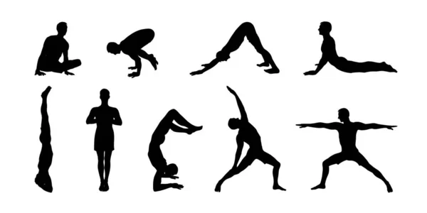 Set de yoga asana. Conjunto de hombres siluetas negras ejercitando ilustraciones de yoga. Dibujo dibujado a mano vector ilustración — Vector de stock