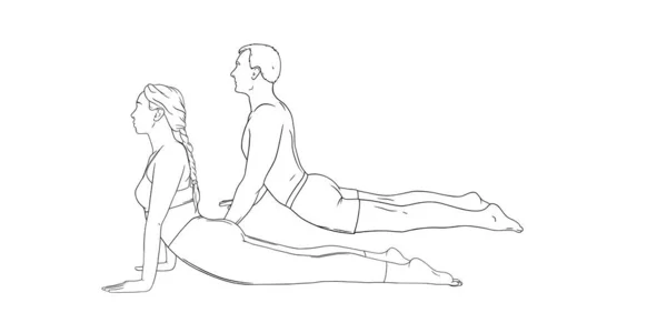 Postura de cobra de yoga o bhujangasana. Mujer y hombre practicando yoga de fuerza posan. Ilustración vectorial dibujada a mano — Archivo Imágenes Vectoriales