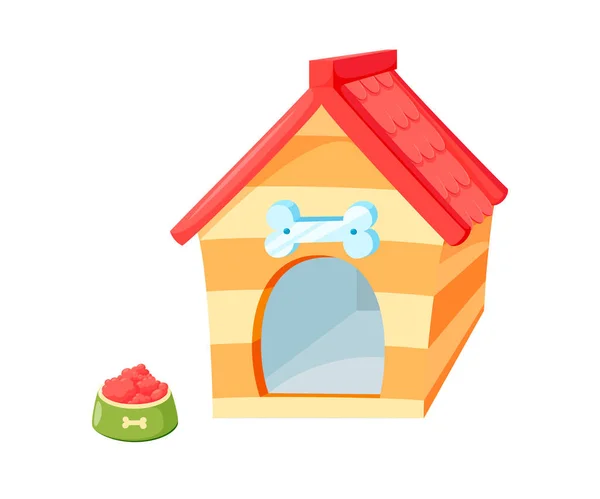 개 개집에 그릇들고 있어. 흰 배경에 빨간 지붕 이 있는 나무로 된 집 이 있다. 벡터 일러스트 — 스톡 벡터