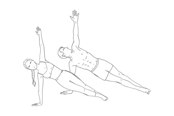 Mulher e homem em posição de prancha lateral. Yogi casal em vasisthasana isolado em fundo branco. Desenho ilustração vetorial —  Vetores de Stock
