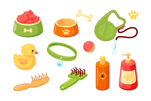 Hondenaccessoires met halsband, kommen, eend, kammen, shampoo en riem. Puppy spullen voor verzorging, voeding en spelletjes. Vectorillustratie — Stockvector