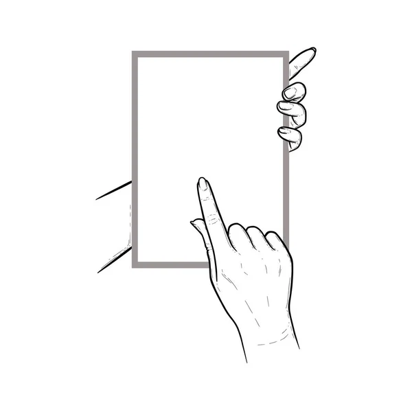 Tangan memegang tablet dengan jari telunjuk menggesek di layar sentuh. Tablet vertikal di tangan manusia. Ilustrasi vektor diisolasi dalam latar belakang putih - Stok Vektor