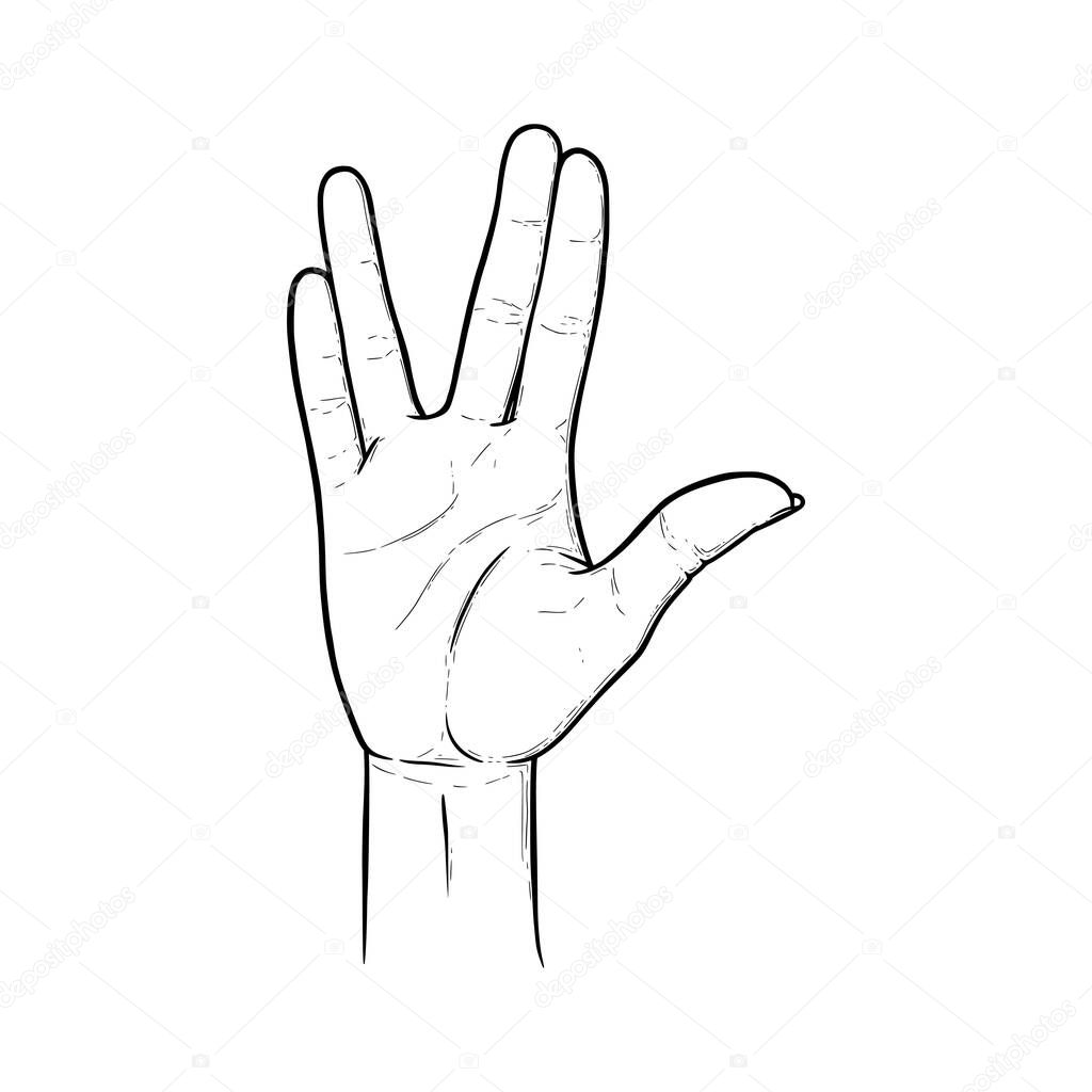 Vulcan greeting and salute gesture. Live long and prosper hand sign. Vector illustration isolated in white background