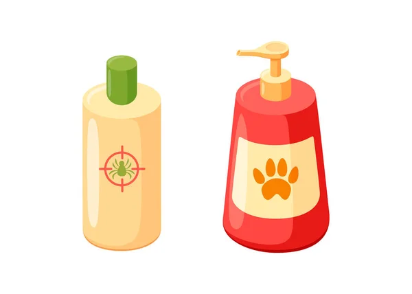 Hayvan şampuanı ve kozmetik şişeleri. Kedi ve köpek tımarı için şampuan. Vektör illüstrasyonu — Stok Vektör