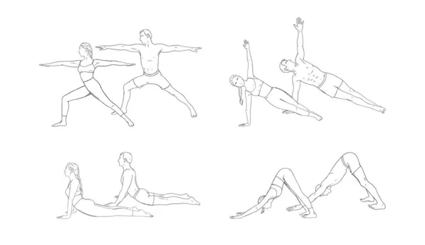 Guerrero de yoga, perro, cobra y tabla lateral. Mujer y hombre practicando yoga de fuerza posa. Ilustración vectorial dibujada a mano — Archivo Imágenes Vectoriales