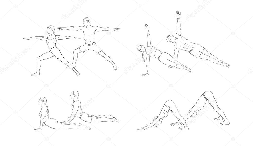 Yoga warrior, dog, cobra and side plank. Woman and man practicing strengthing yoga poses. Hand drawn vector illustration