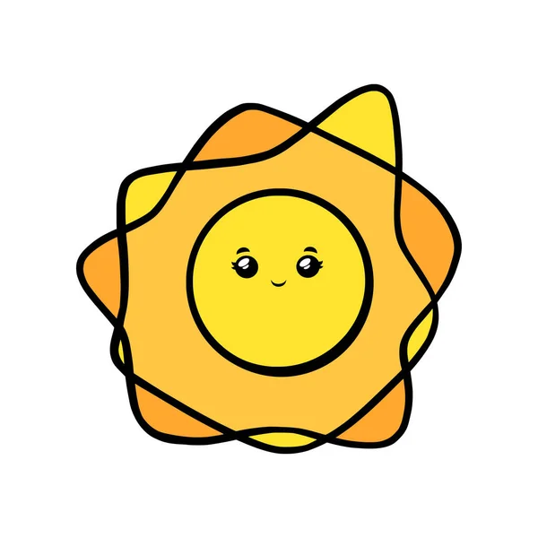 Sol bonito com olhos e sorriso. Kawaii sol rosto sorridente em estilo doodle. Ilustração vetorial em preto e branco — Vetor de Stock